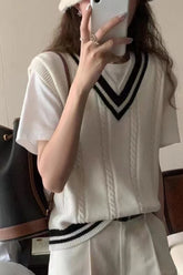 V-Neck Collar Striped Sleeveless Sweater